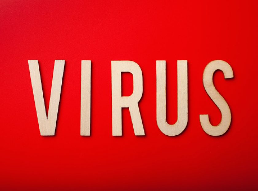 virus word text wooden letter on red background corona virus covid-19